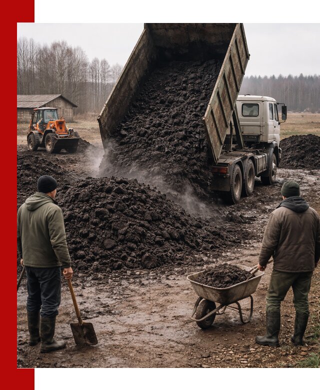 Доставка низинного торфа с разгрузкой и доставкой в Энгельс